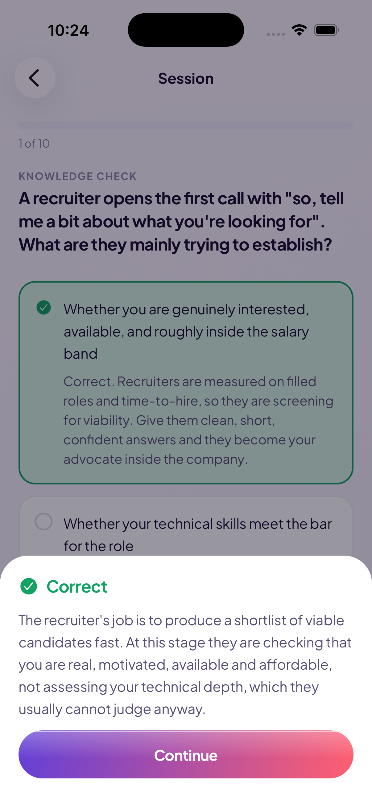 The answer marked correct with a written explanation of the recruiter's motive